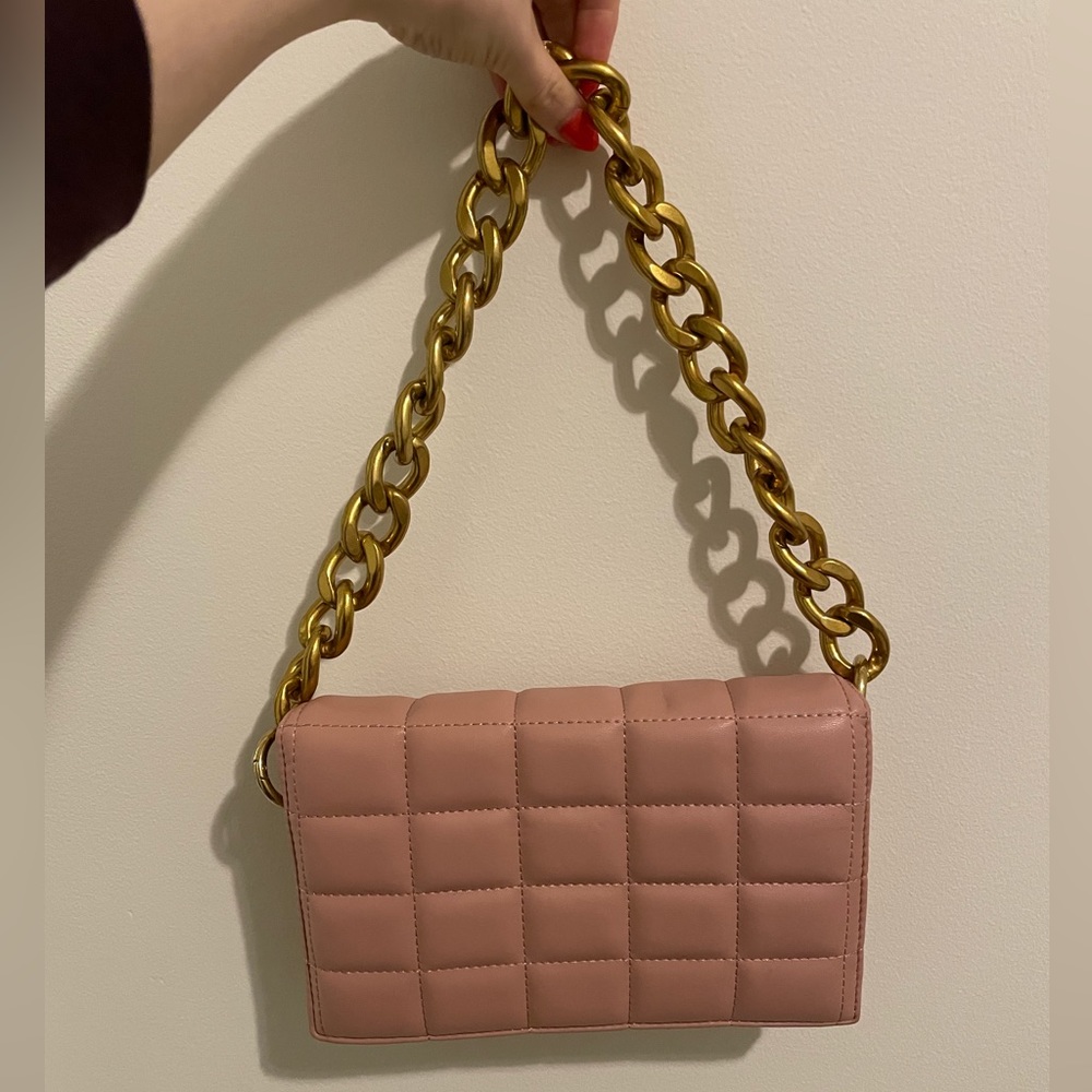 Nude/Pink clutch bag with removable gold chain shoulder strap